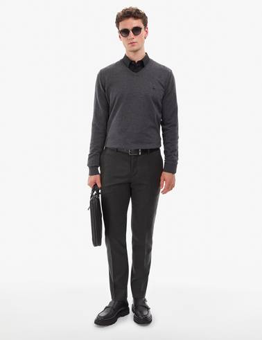 Antrasit Melanj Slim Fit V Yaka Basic Triko Kazak