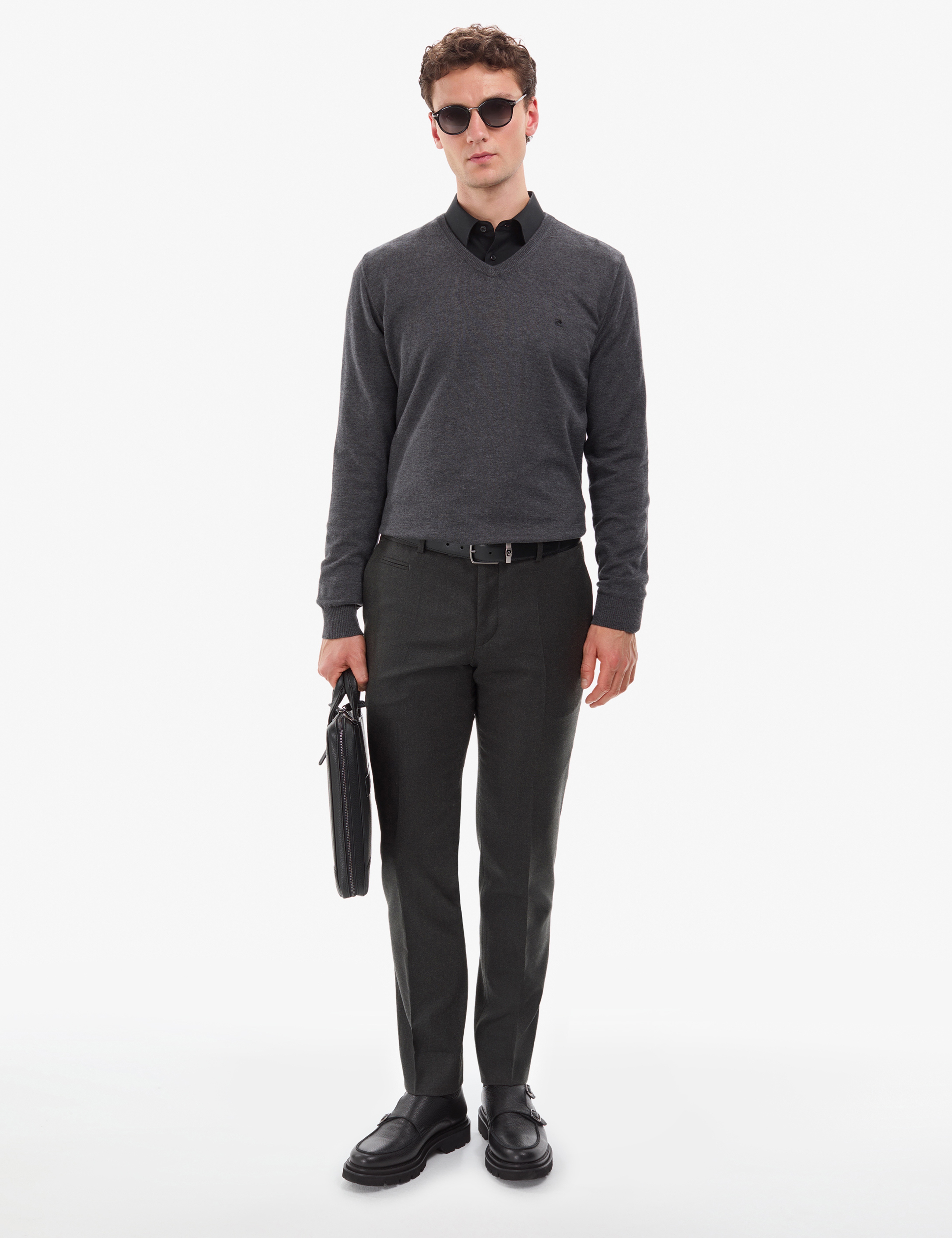 Antrasit Melanj Slim Fit V Yaka Basic Triko Kazak - Image 5