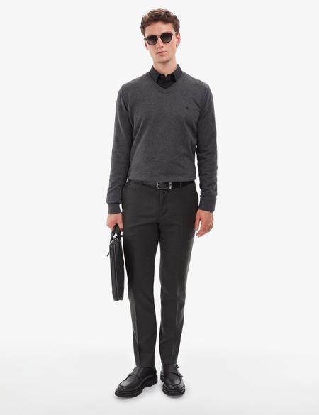 Antrasit Melanj Slim Fit V Yaka Basic Triko Kazak - 50314190067