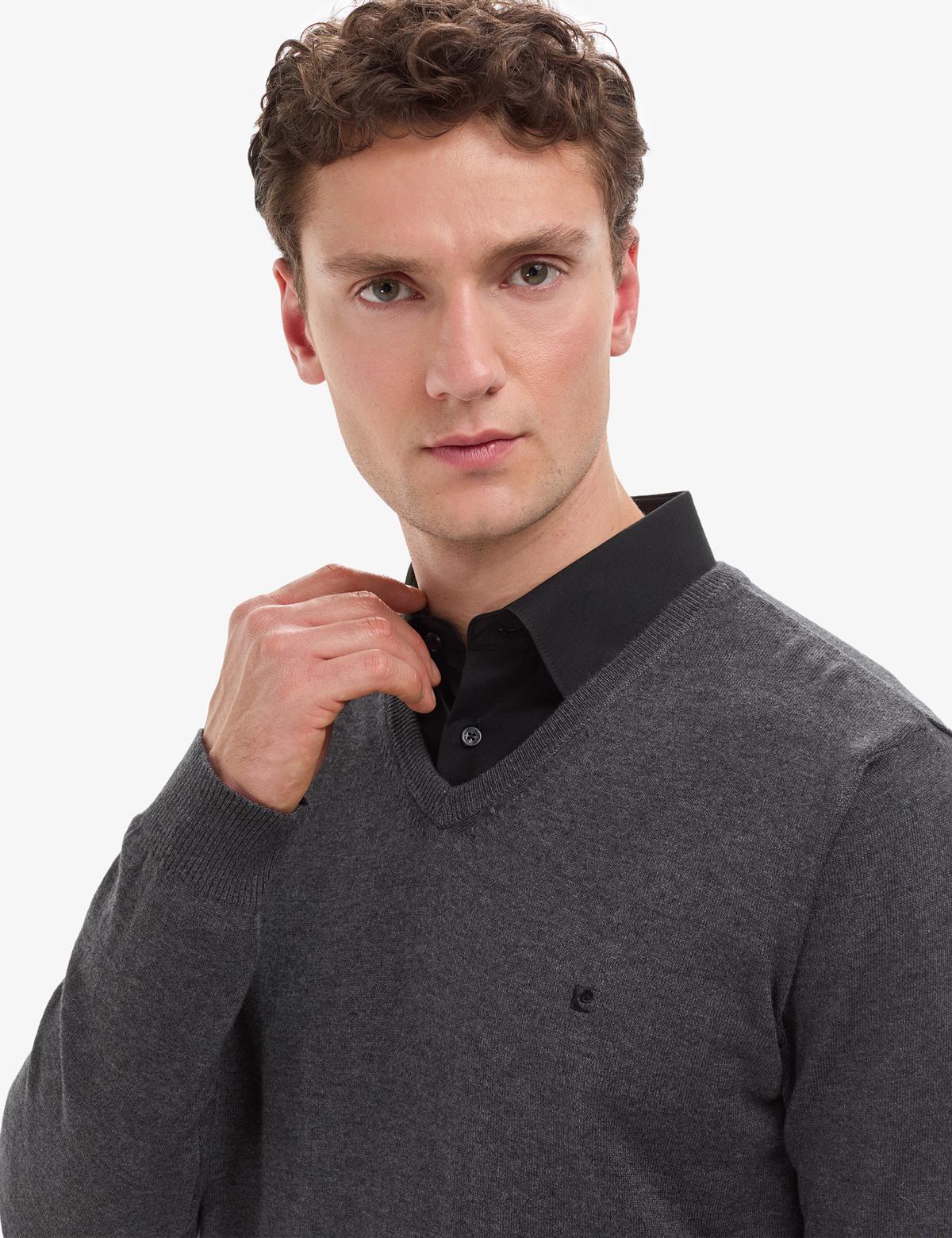 Antrasit Melanj Slim Fit V Yaka Basic Triko Kazak - 50314190067