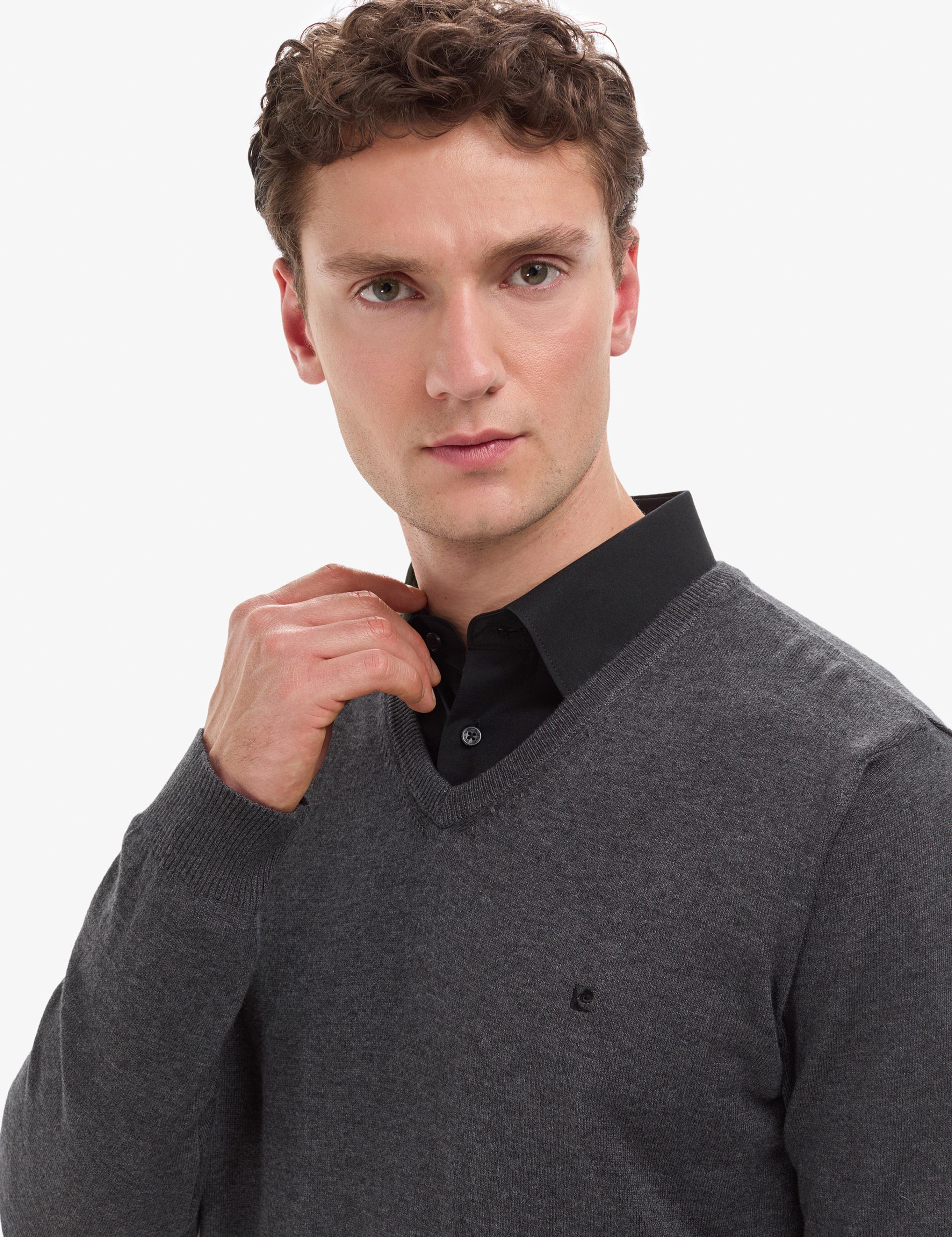 Antrasit Melanj Slim Fit V Yaka Basic Triko Kazak