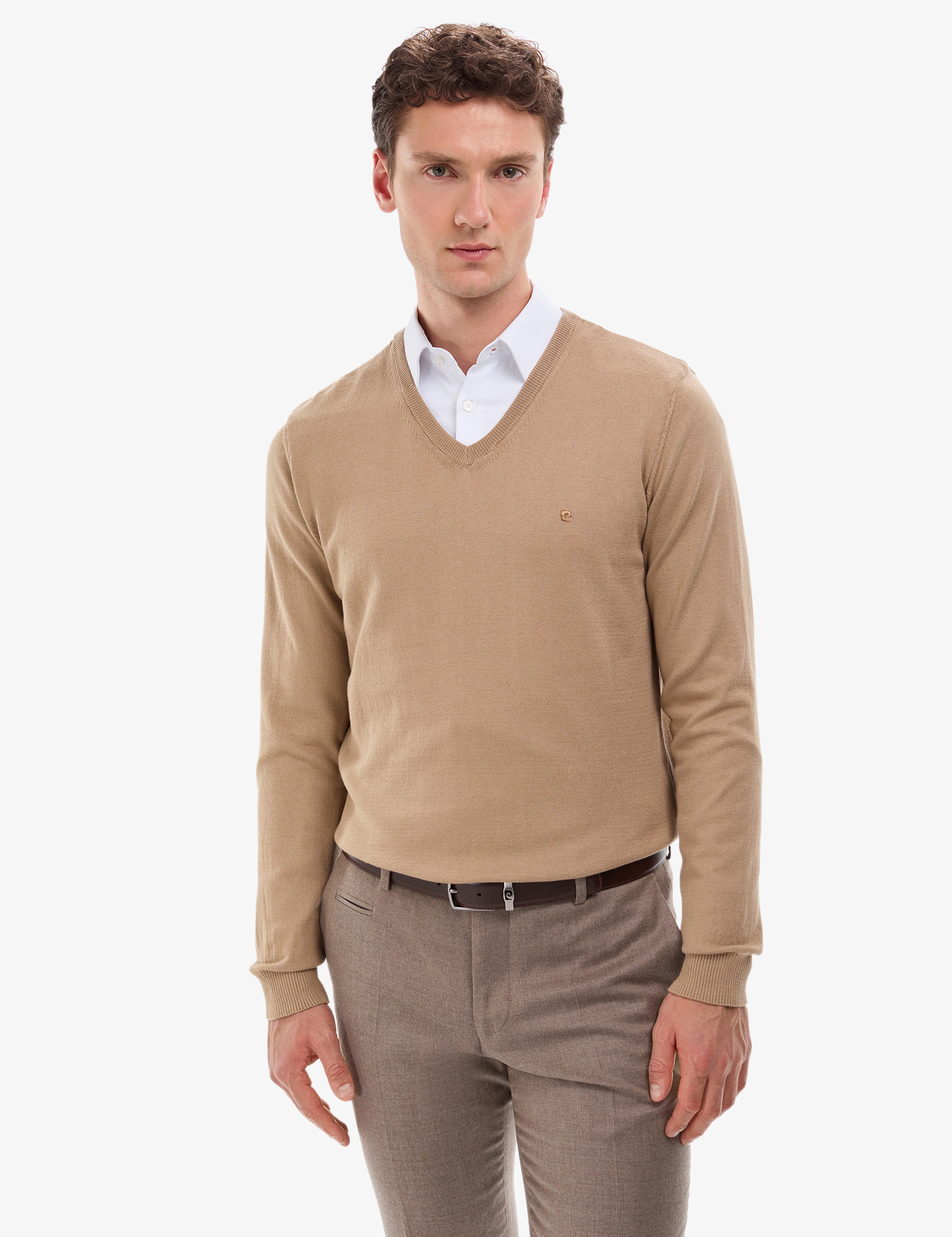 Camel Slim Fit V Yaka Basic Triko Kazak - Image 2
