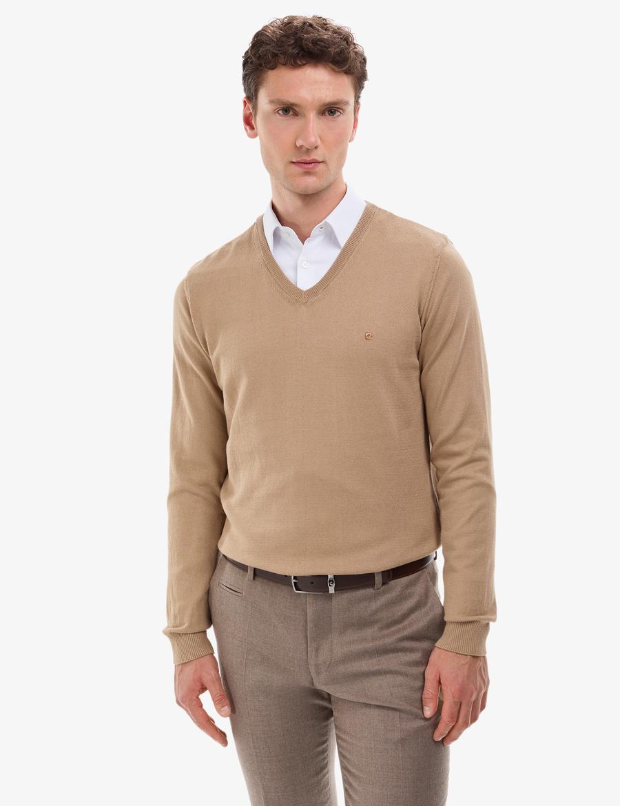 Camel Slim Fit V Yaka Basic Triko Kazak