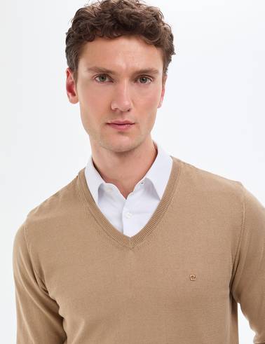 Camel Slim Fit V Yaka Basic Triko Kazak