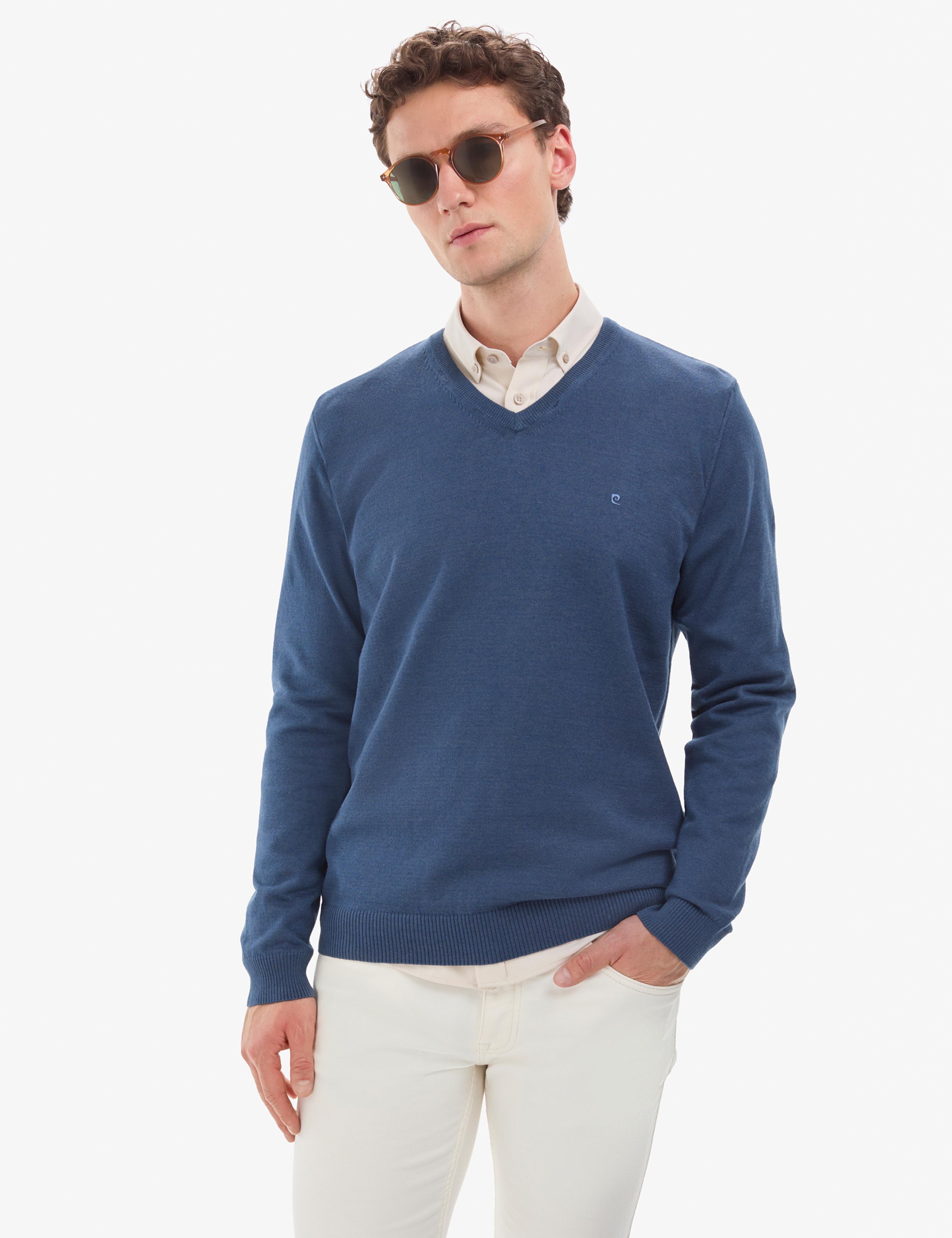 İndigo Melanj Slim Fit V Yaka Basic Triko Kazak