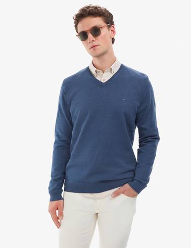İndigo Melanj Slim Fit V Yaka Basic Triko Kazak