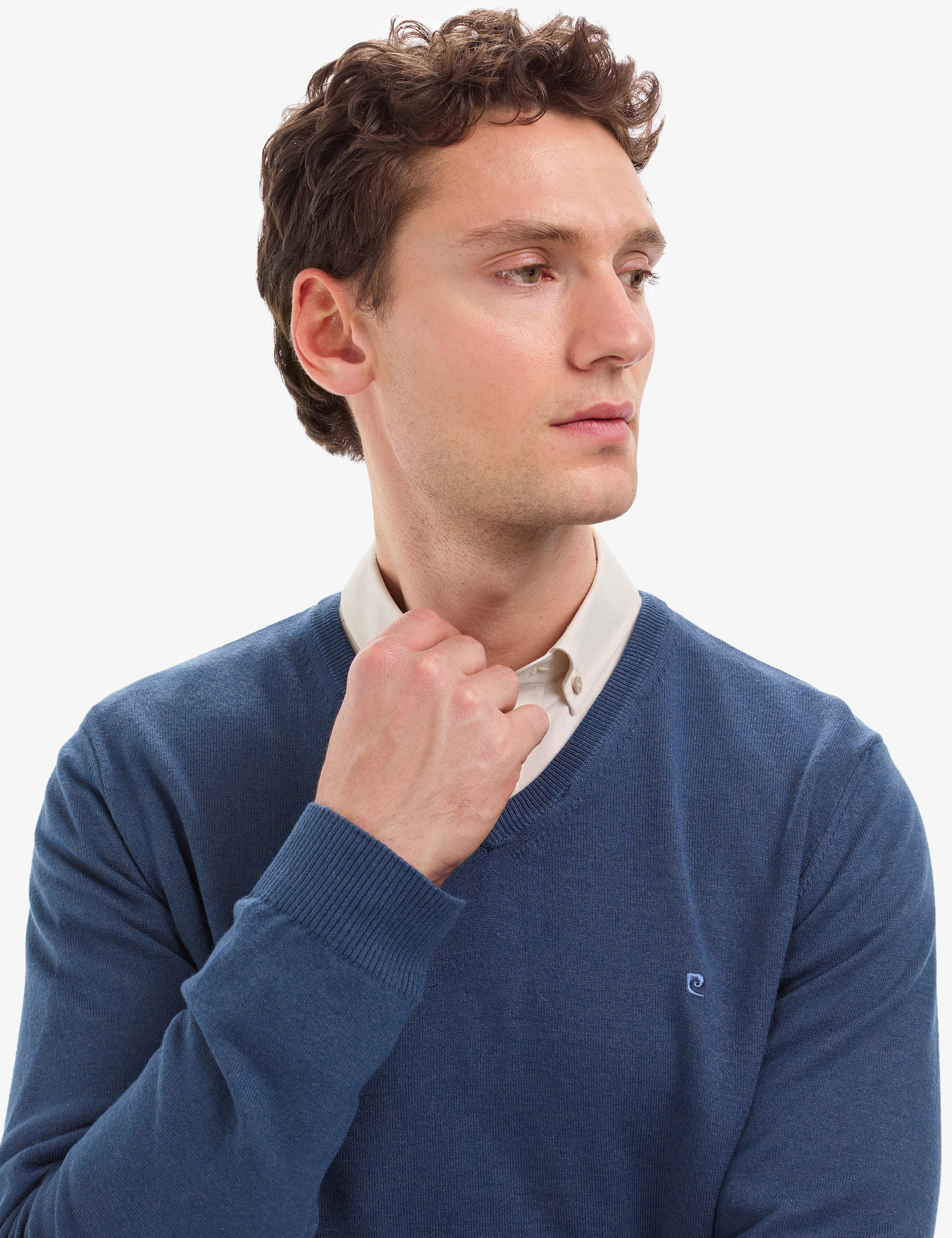 İndigo Melanj Slim Fit V Yaka Basic Triko Kazak