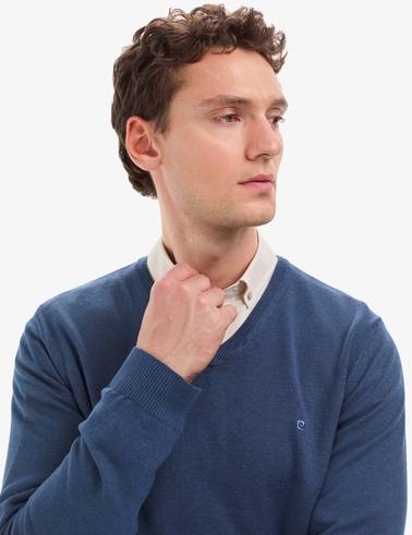 İndigo Melanj Slim Fit V Yaka Basic Triko Kazak