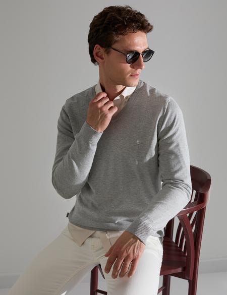 Açık Gri Melanj Slim Fit V Yaka Basic Triko Kazak - 50314190128