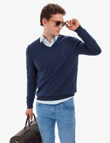 Açık Lacivert Slim Fit V Yaka Basic Triko Kazak