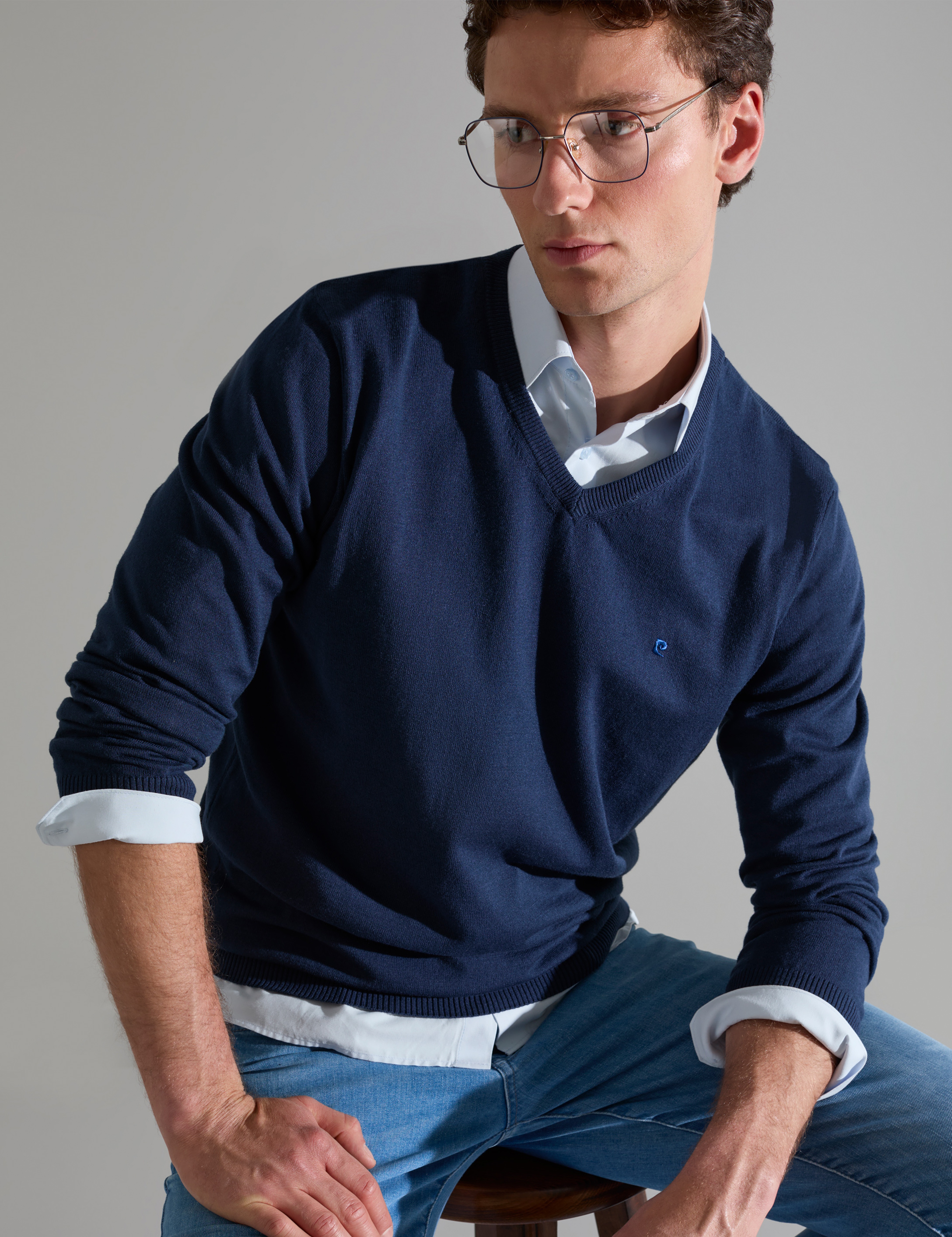 Açık Lacivert Slim Fit V Yaka Basic Triko Kazak - Image 1