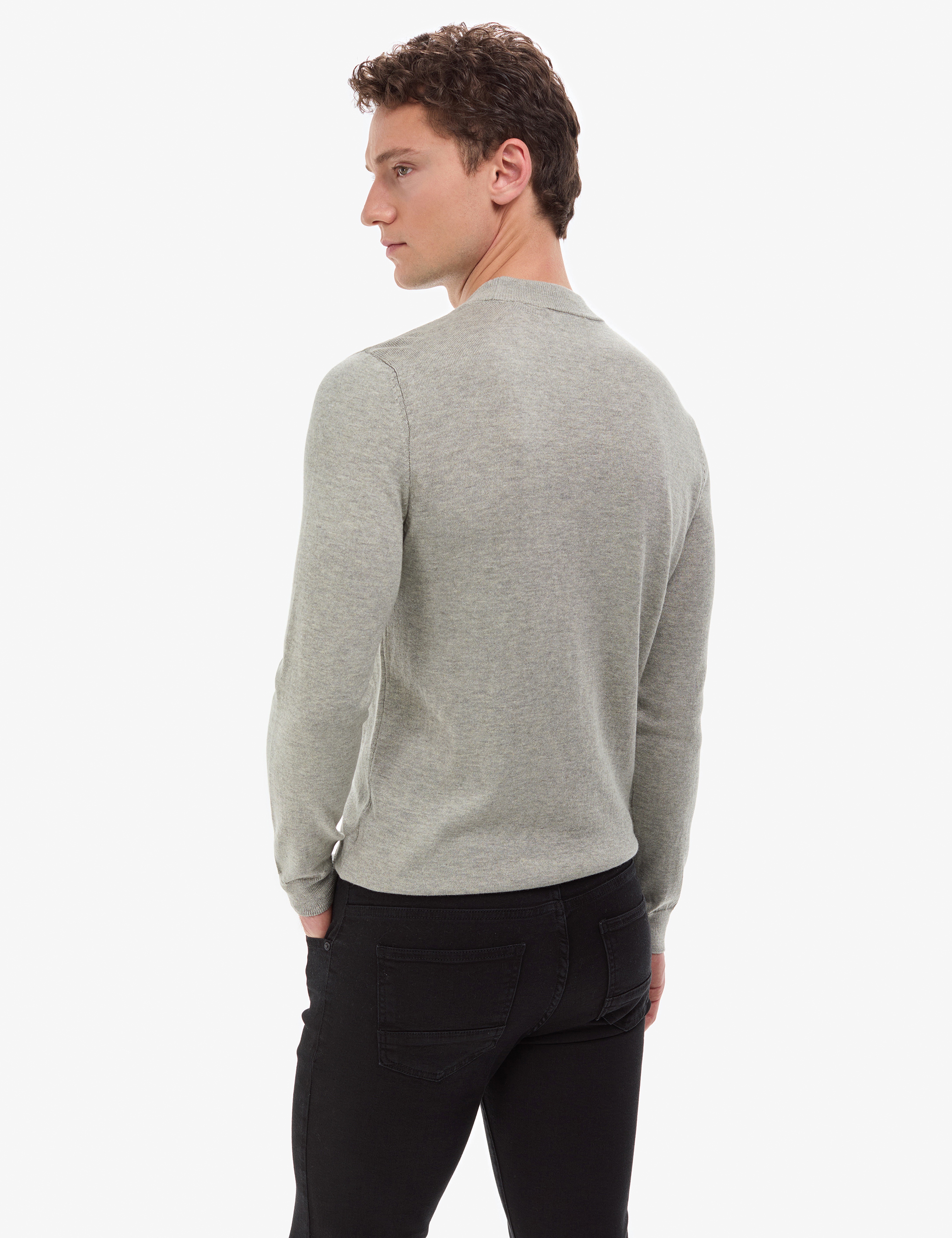 Açık Gri Melanj Slim Fit Çeyrek Yaka Basic Triko Kazak - Image 6