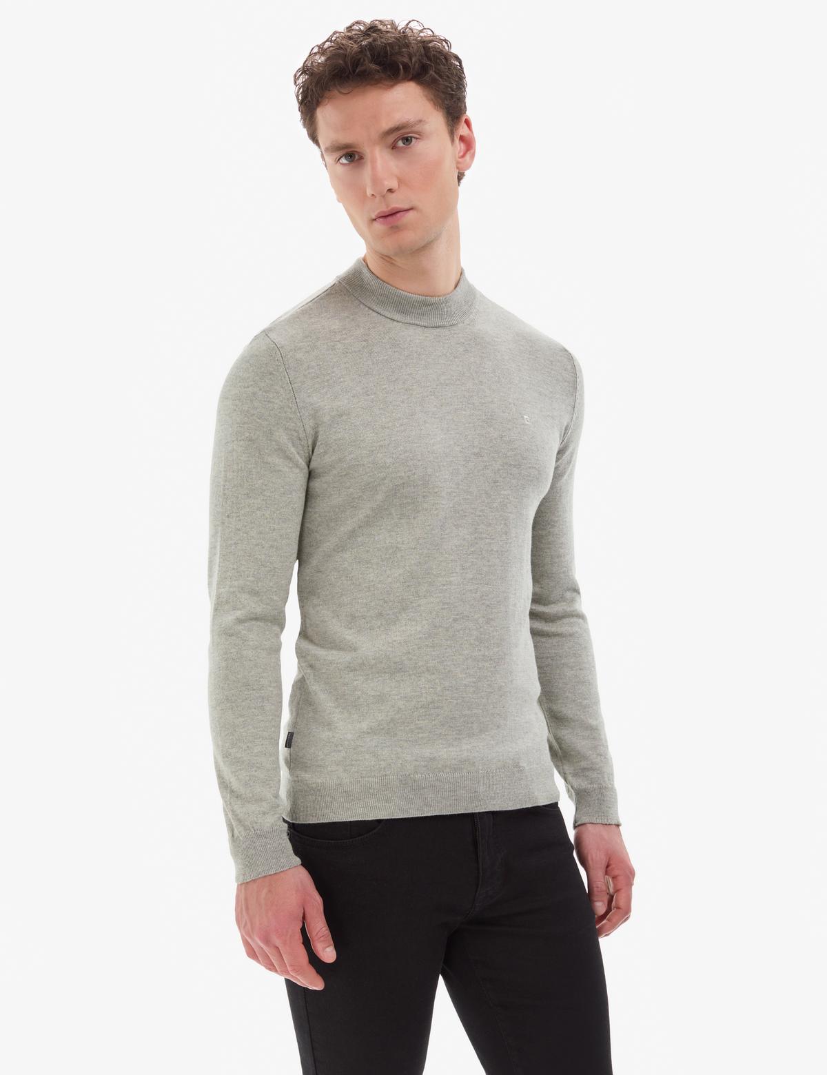 Açık Gri Melanj  Slim Fit Çeyrek Yaka Basic Triko Kazak - 50314188066