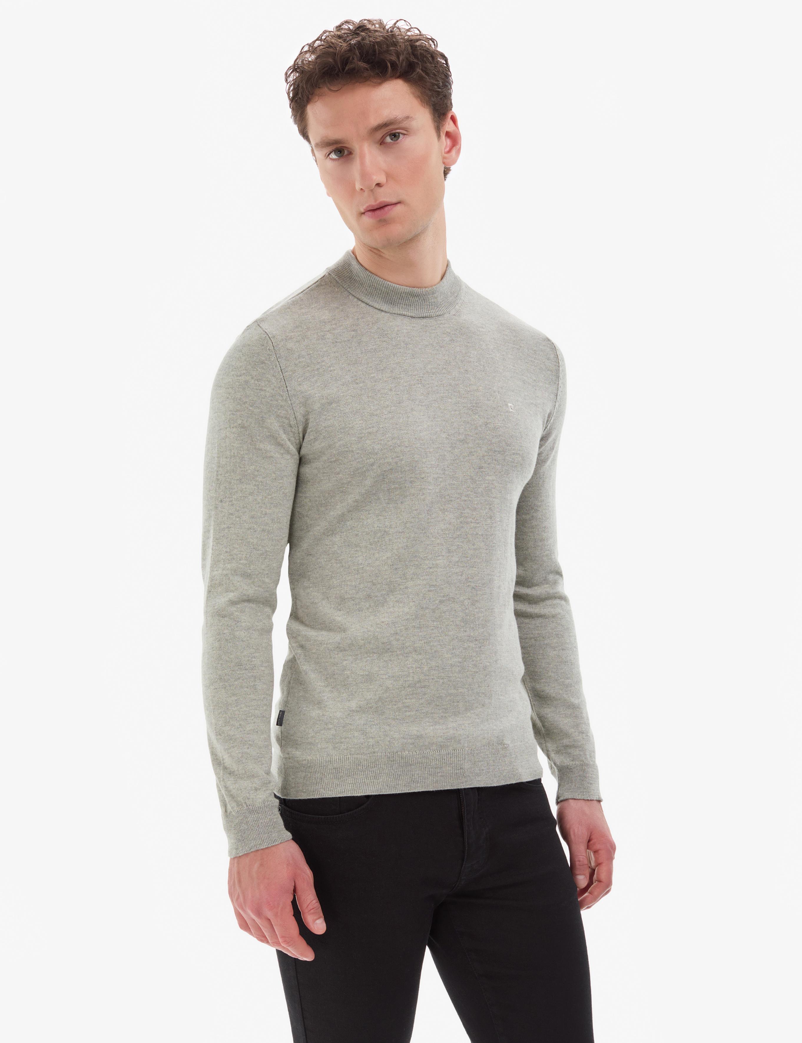 Açık Gri Melanj  Slim Fit Çeyrek Yaka Basic Triko Kazak