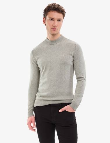 Açık Gri Melanj  Slim Fit Çeyrek Yaka Basic Triko Kazak