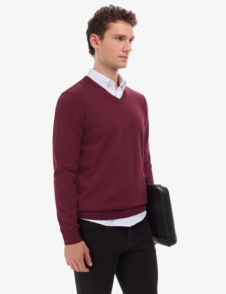 Koyu Bordo Slim Fit V Yaka Basic Triko Kazak - 50314190106