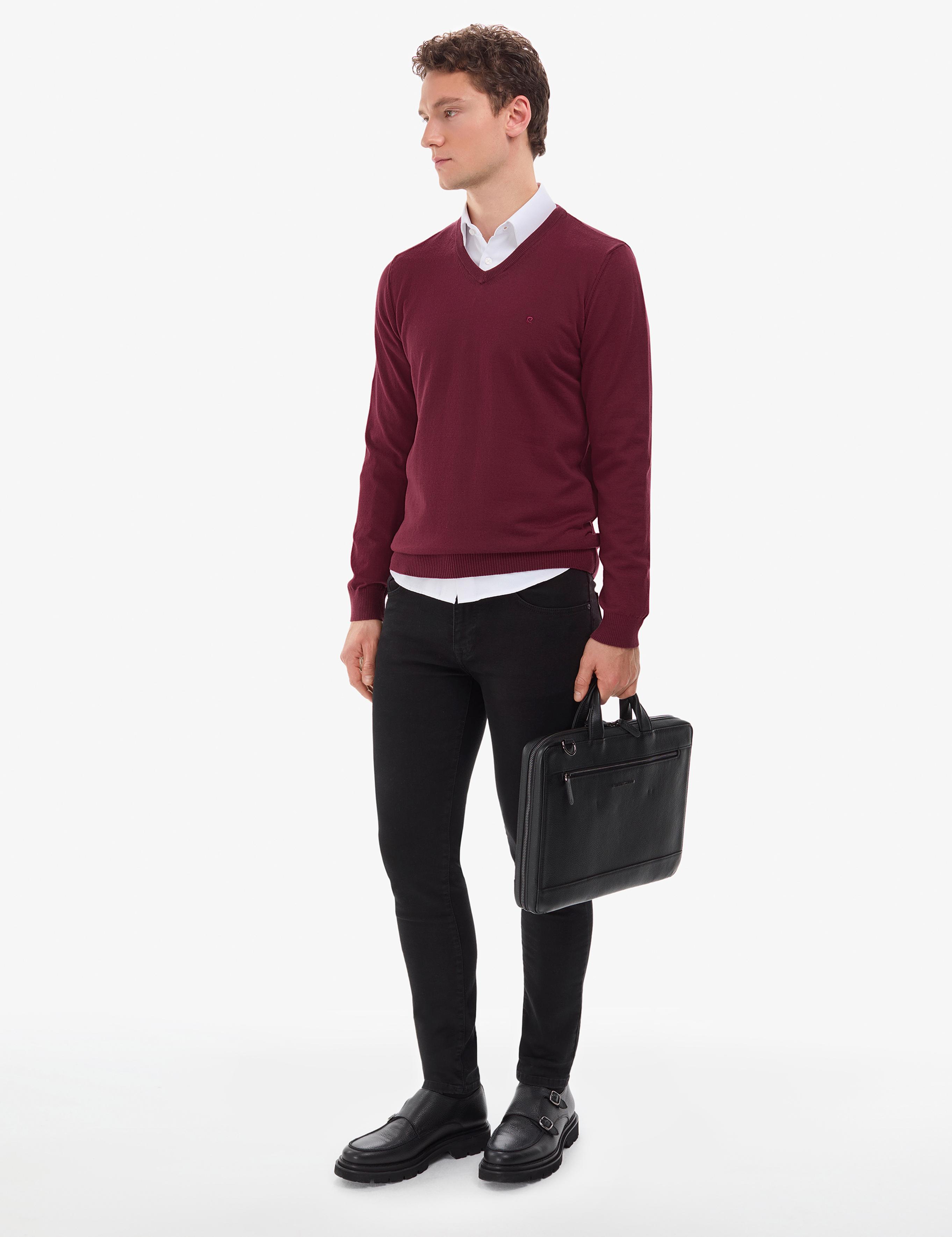 Koyu Bordo Slim Fit V Yaka Basic Triko Kazak