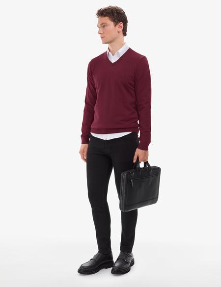 Koyu Bordo Slim Fit V Yaka Basic Triko Kazak - 50314190106