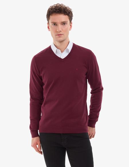 Koyu Bordo Slim Fit V Yaka Basic Triko Kazak - 50314190106