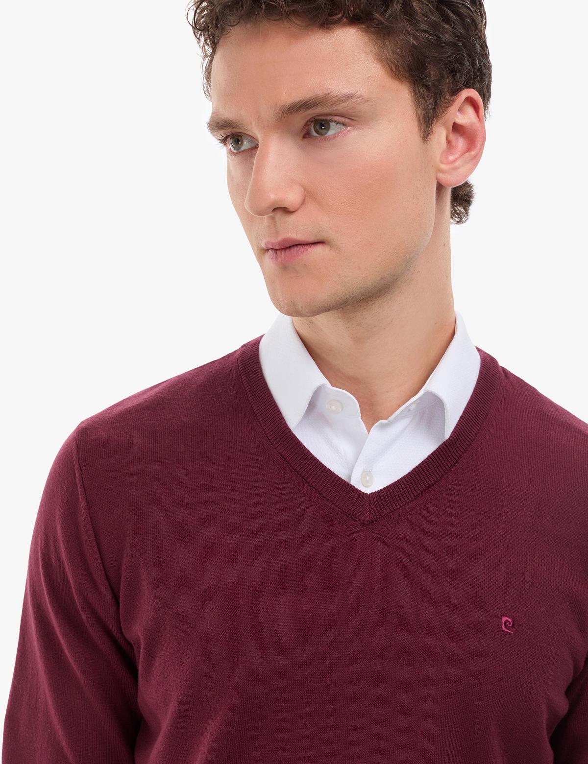 Koyu Bordo Slim Fit V Yaka Basic Triko Kazak - 50314190106