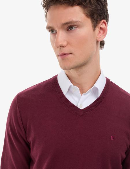 Koyu Bordo Slim Fit V Yaka Basic Triko Kazak - 50314190106