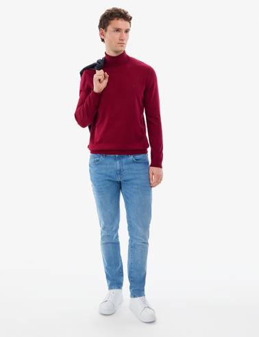 Vişne Slim Fit Balıkçı Yaka Basic Triko Kazak
