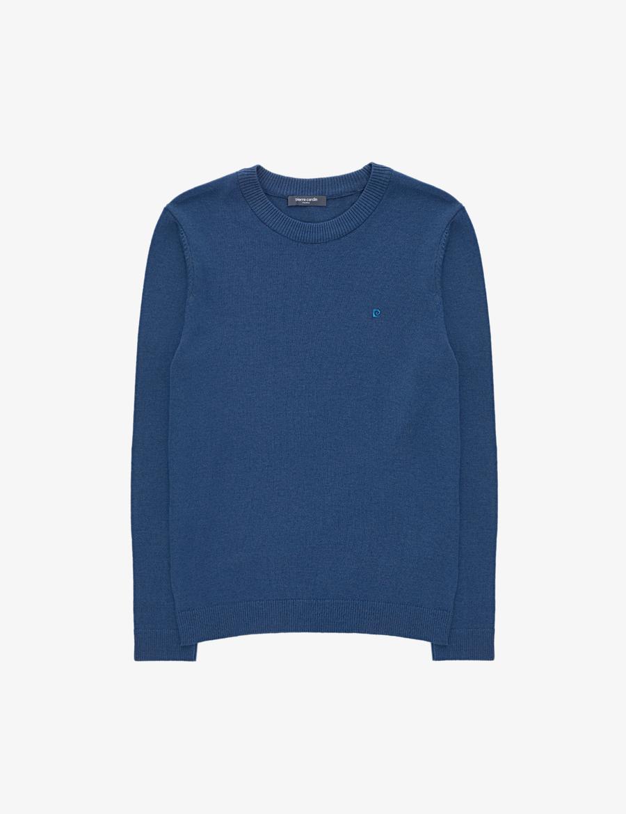 İndigo Melanj Slim Fit Bisiklet Yaka Basic Triko Kazak