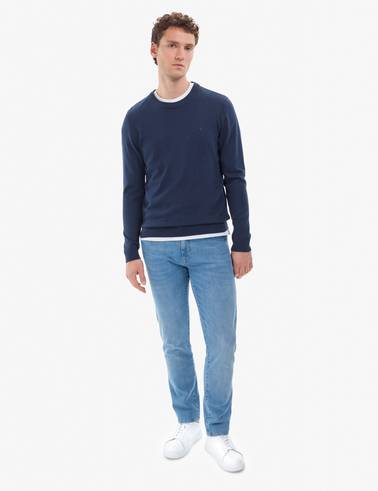 Açık Lacivert Slim Fit Bisiklet Yaka Basic Triko Kazak