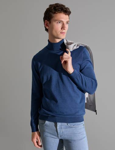 İndigo Melanj Slim Fit Balıkçı Yaka Basic Triko Kazak