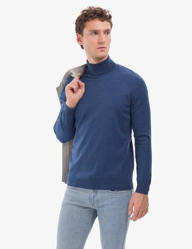 İndigo Melanj Slim Fit Balıkçı Yaka Basic Triko Kazak