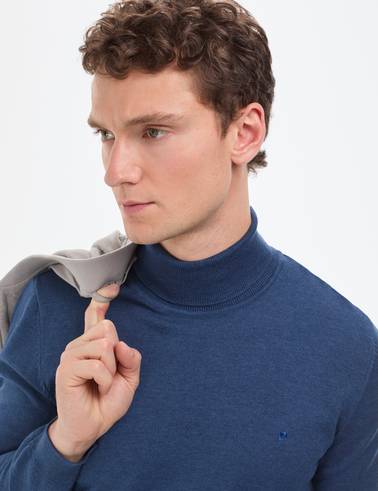 İndigo Melanj Slim Fit Balıkçı Yaka Basic Triko Kazak