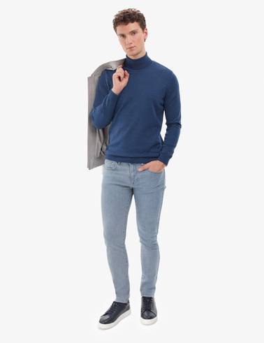 İndigo Melanj Slim Fit Balıkçı Yaka Basic Triko Kazak
