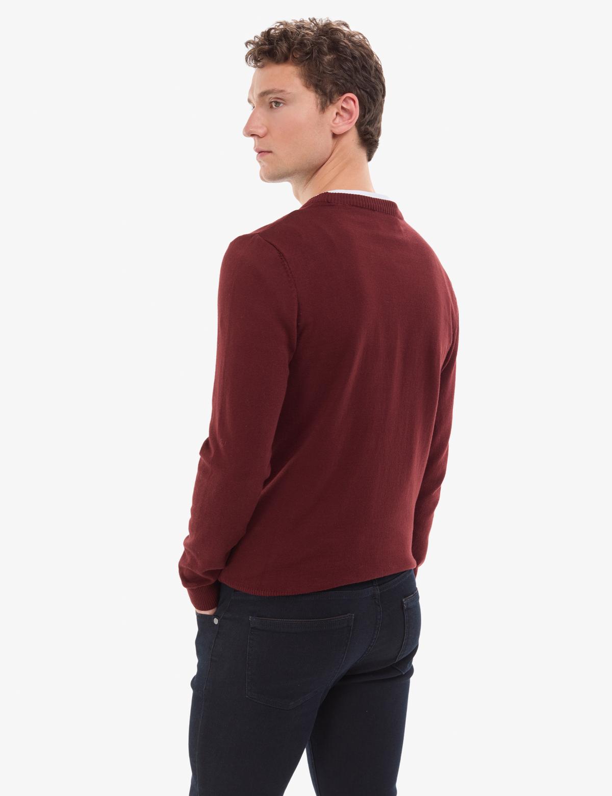 Bordo Slim Fit Bisiklet Yaka Basic Triko Kazak - 50314192135