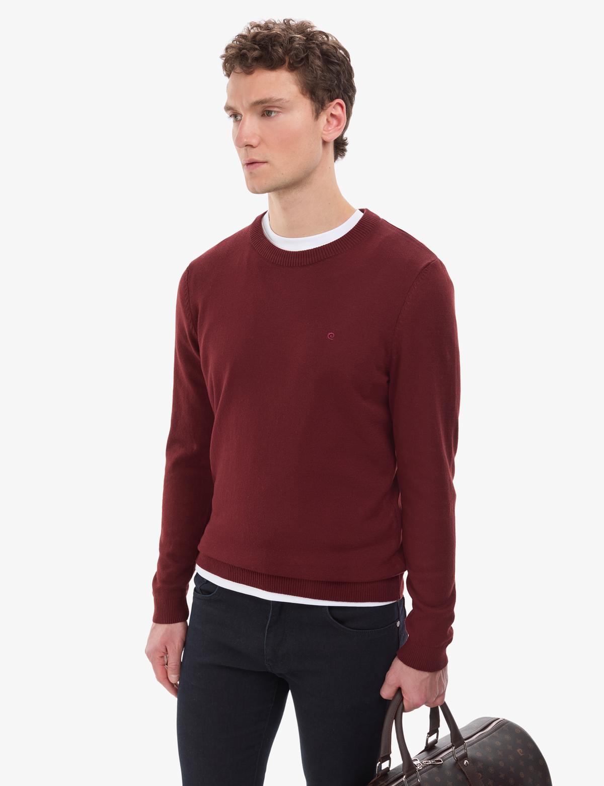 Bordo Slim Fit Bisiklet Yaka Basic Triko Kazak - 50314192135