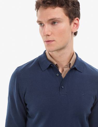 Açık Lacivert Slim Fit Polo Yaka Basic Triko Kazak