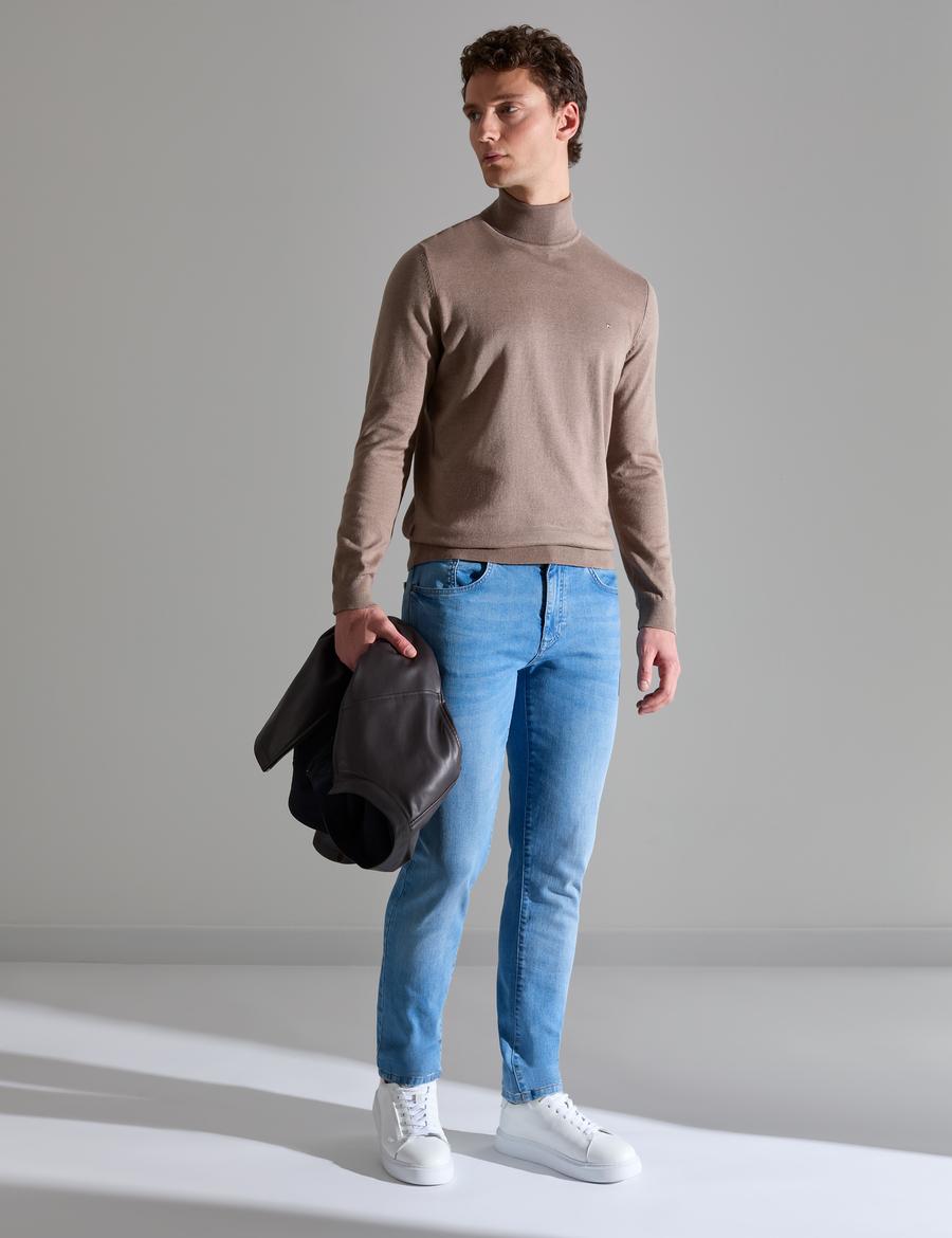 Vizon Melanj Slim Fit Balıkçı Yaka Basic Triko Kazak