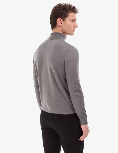 Gri Melanj Slim Fit Balıkçı Yaka Basic Triko Kazak