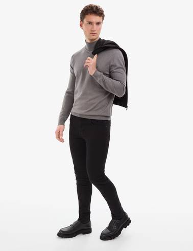 Gri Melanj Slim Fit Balıkçı Yaka Basic Triko Kazak
