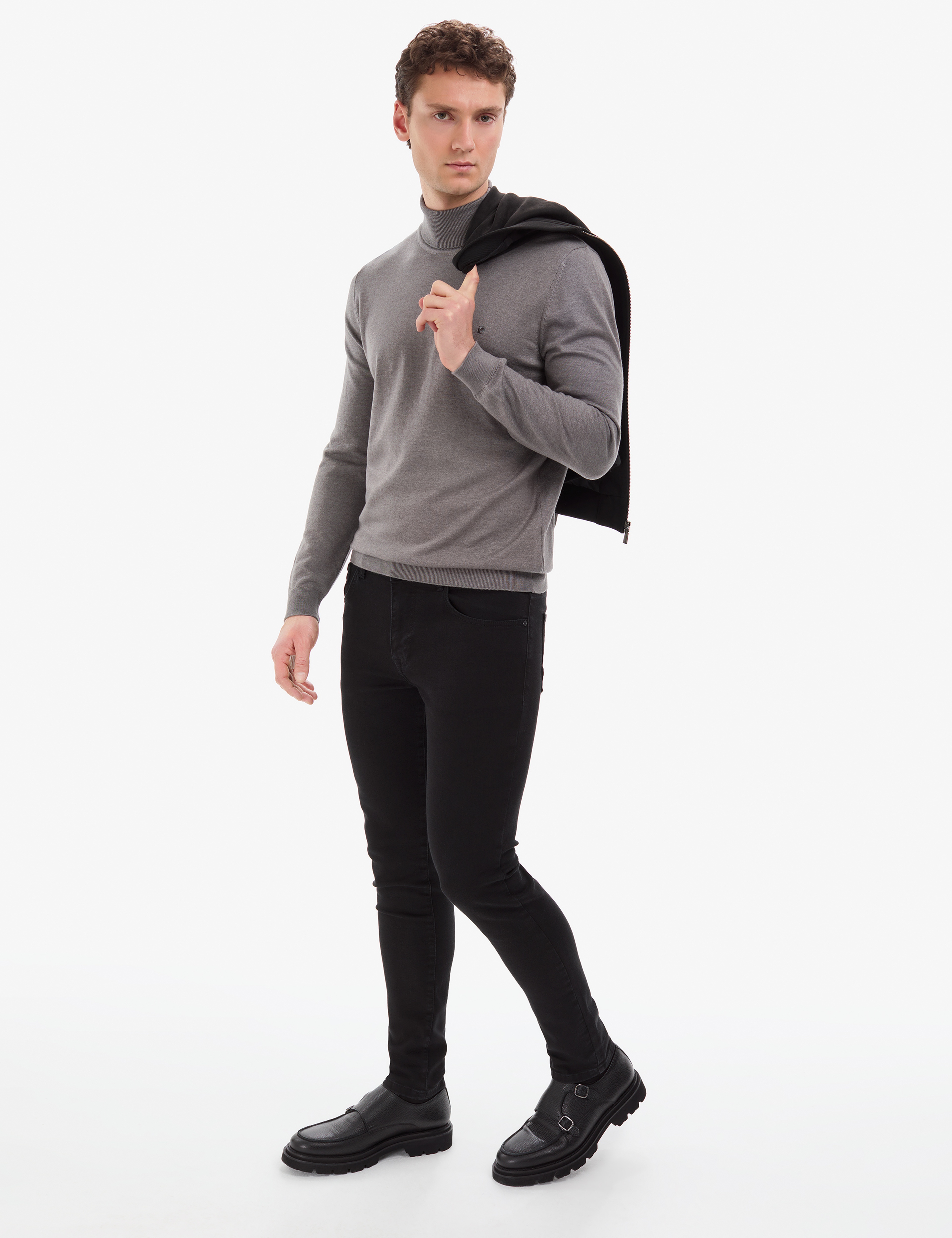 Gri Melanj Slim Fit Balıkçı Yaka Basic Triko Kazak