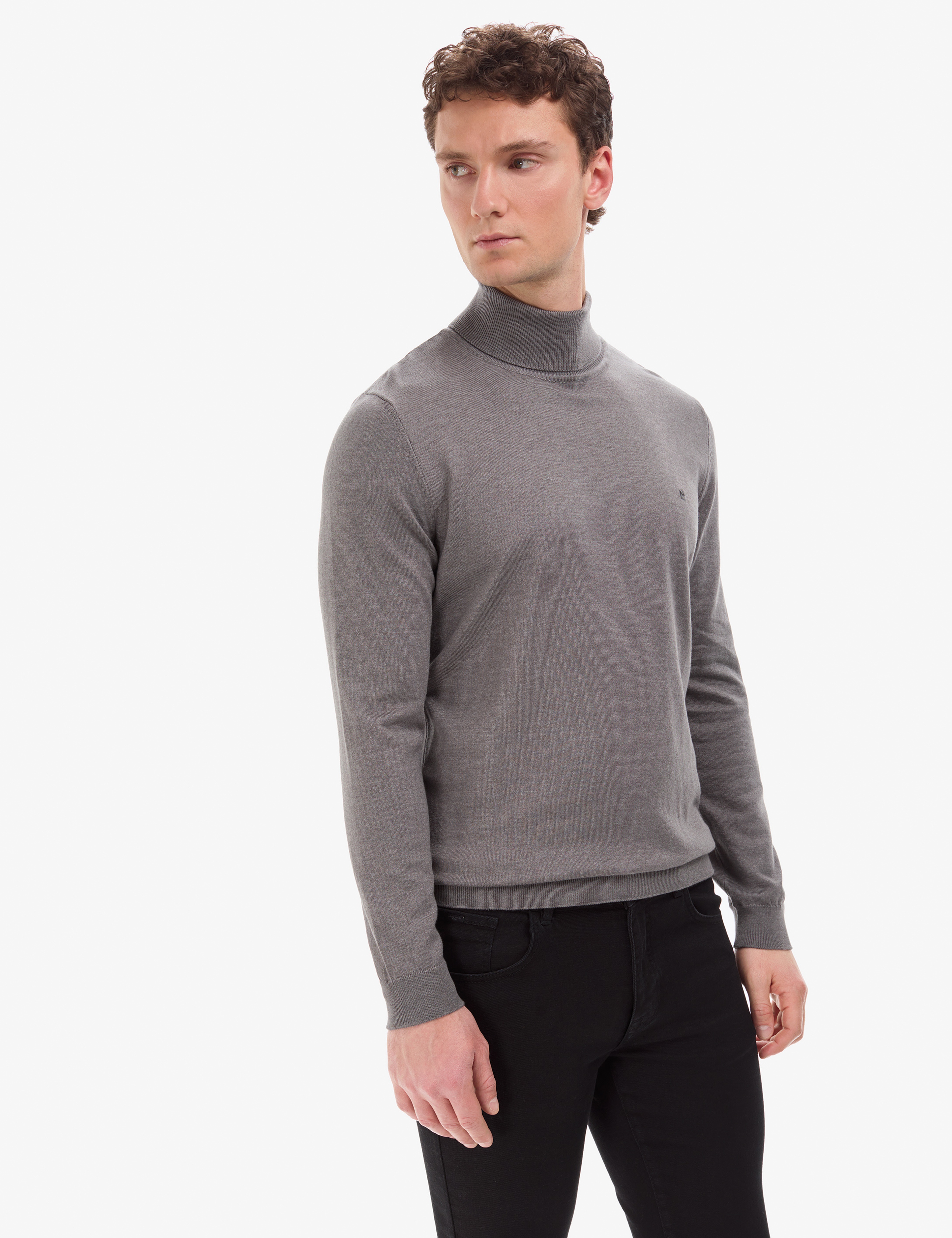 Gri Melanj Slim Fit Balıkçı Yaka Basic Triko Kazak