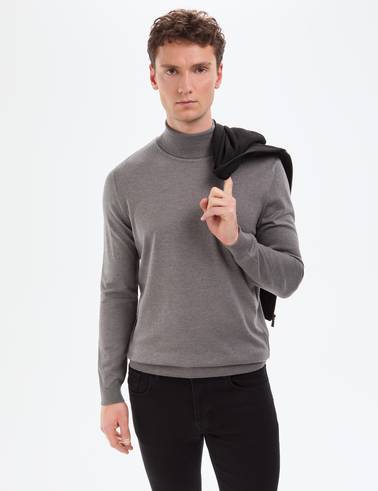 Gri Melanj Slim Fit Balıkçı Yaka Basic Triko Kazak
