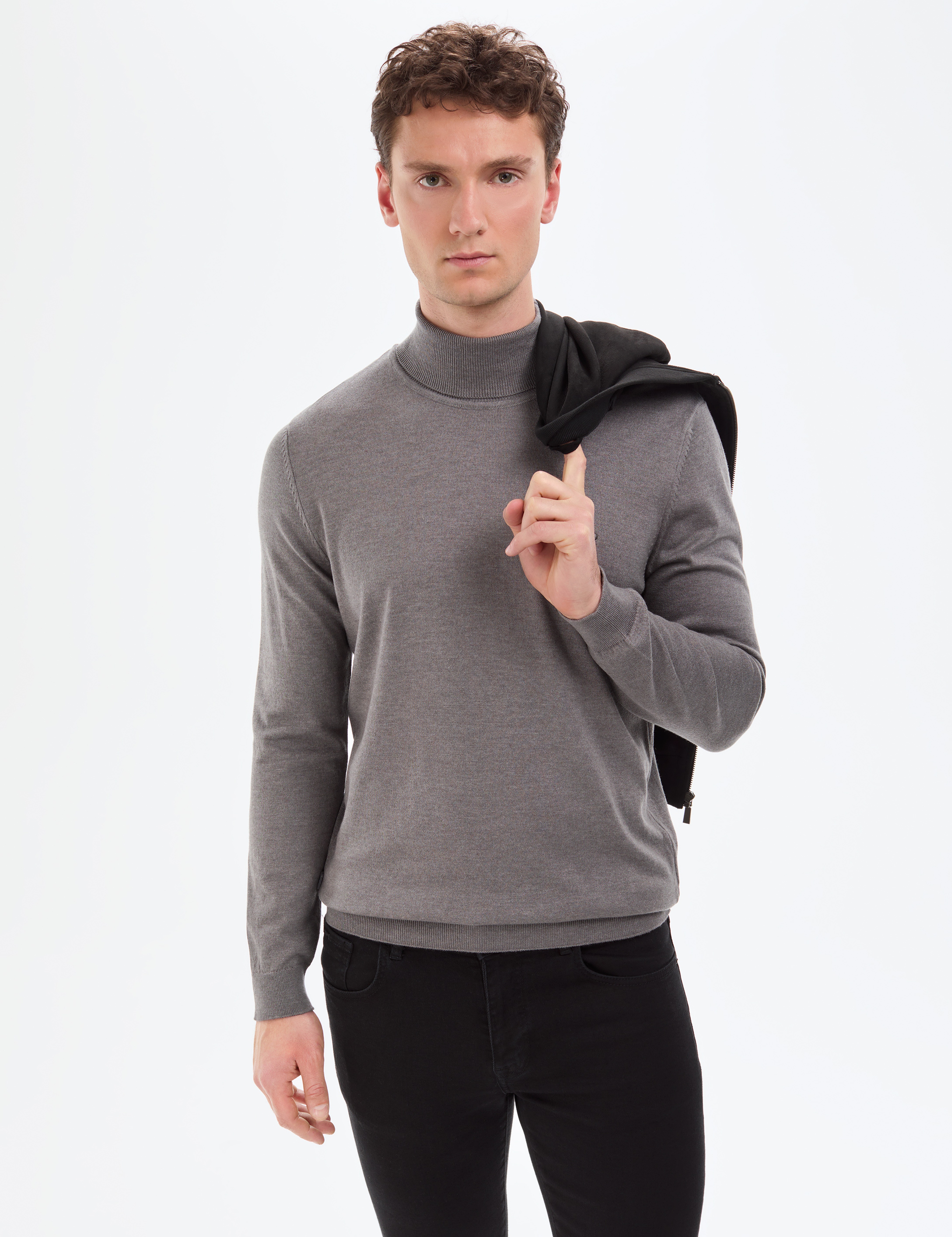 Gri Melanj Slim Fit Balıkçı Yaka Basic Triko Kazak - Image 2