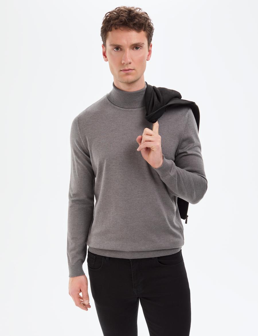 Gri Melanj Slim Fit Balıkçı Yaka Basic Triko Kazak