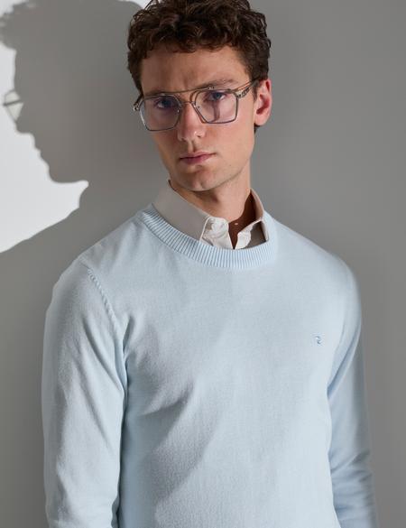 Açık Mavi Slim Fit Bisiklet Yaka Basic Triko Kazak - 50314192115