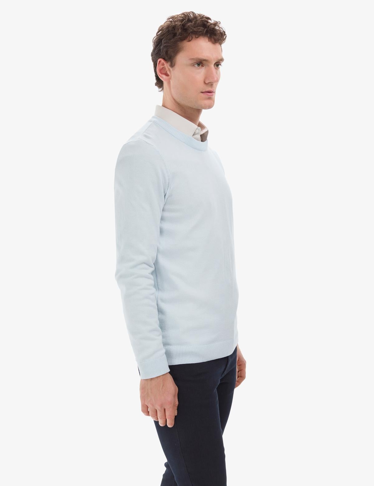 Açık Mavi Slim Fit Bisiklet Yaka Basic Triko Kazak - 50314192115