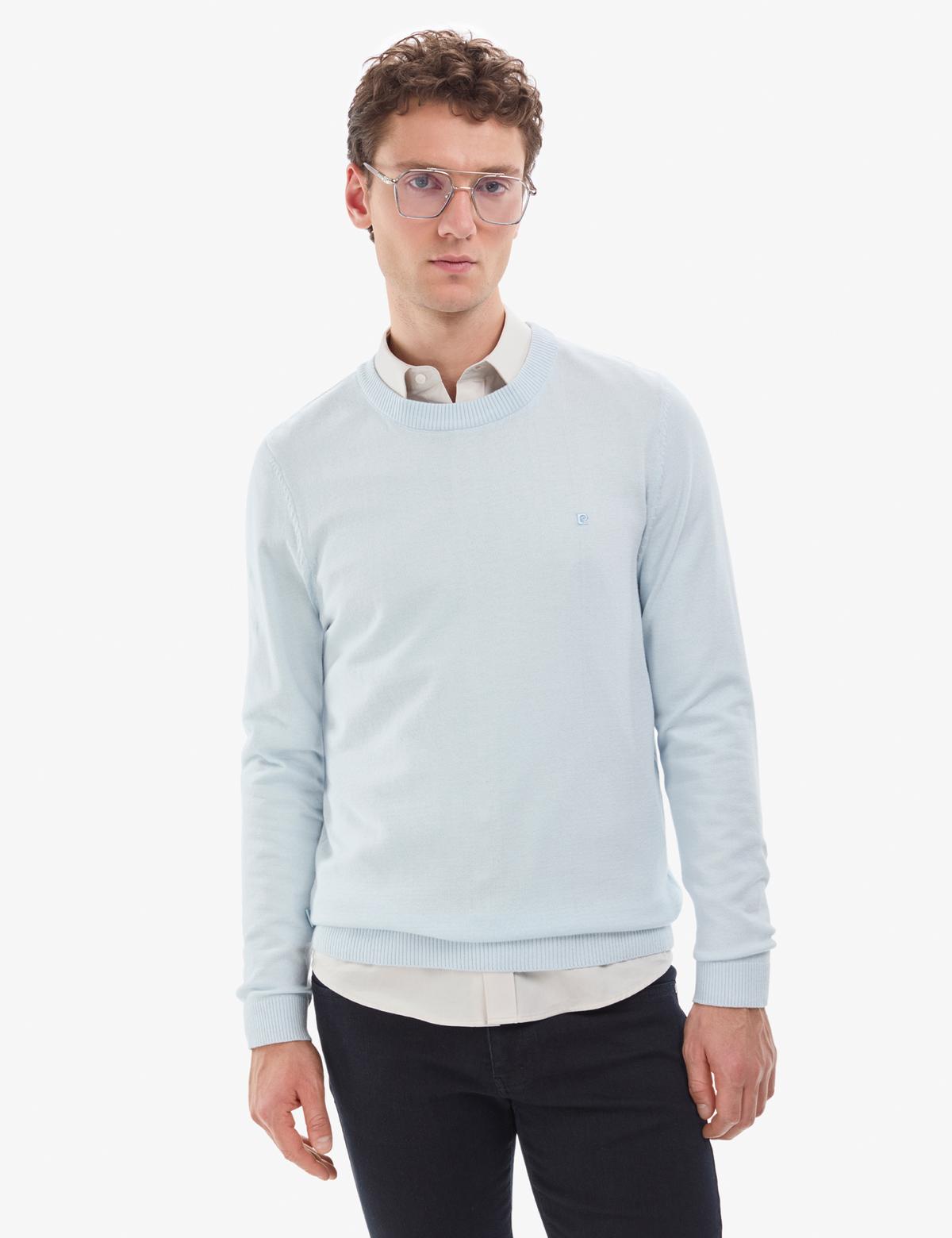 Açık Mavi Slim Fit Bisiklet Yaka Basic Triko Kazak - 50314192115