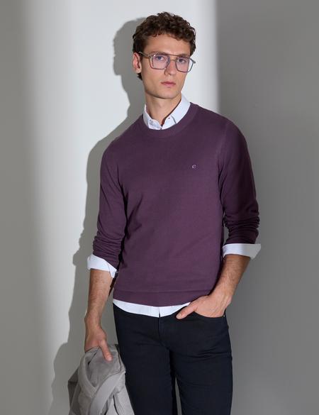 Mor Slim Fit Bisiklet Yaka Basic Triko Kazak - 50314192125