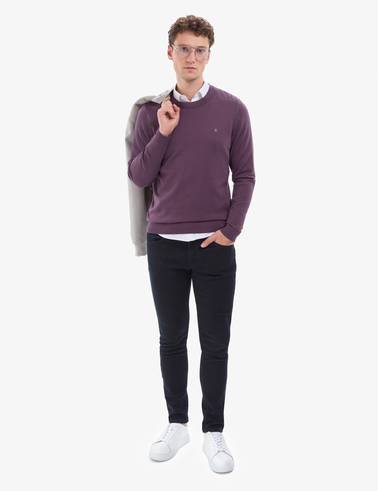 Mor Slim Fit Bisiklet Yaka Basic Triko Kazak