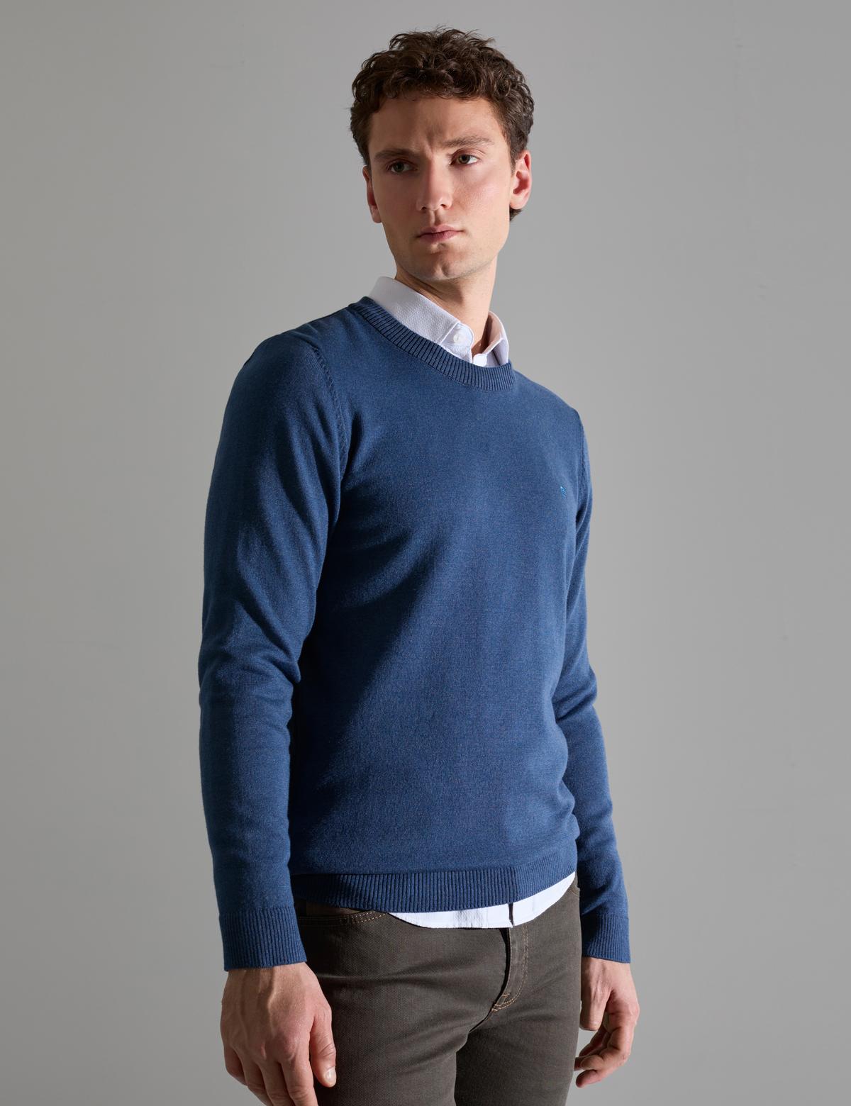 İndigo Melanj Slim Fit Bisiklet Yaka Basic Triko Kazak