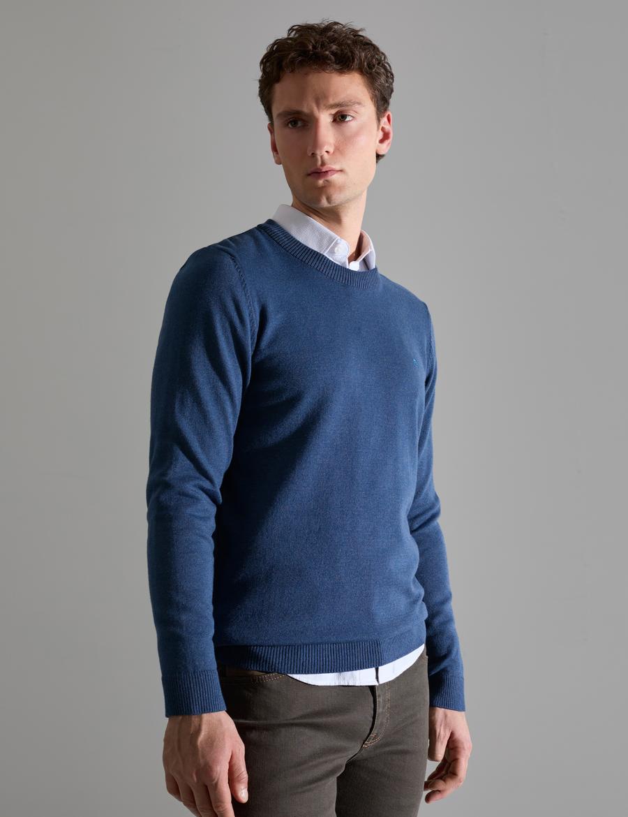 İndigo Melanj Slim Fit Bisiklet Yaka Basic Triko Kazak